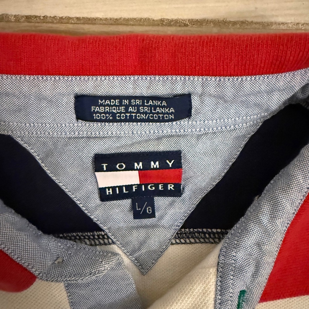 Vintage Tommy Hilfiger Mens Striped Polo Shirt Large Navy Red White Dress Cotton - Picture 2 of 6
